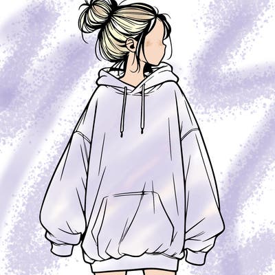 realistic girl with a oversized sweatshirt on and a bun