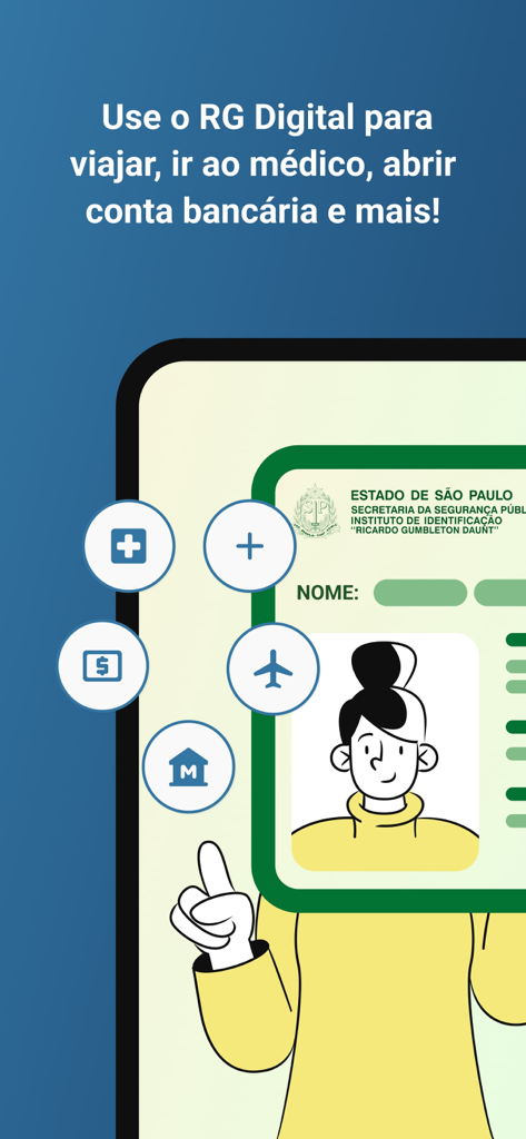 RG Digital SP app screen showing digital ID uses for travel banking and healthcare