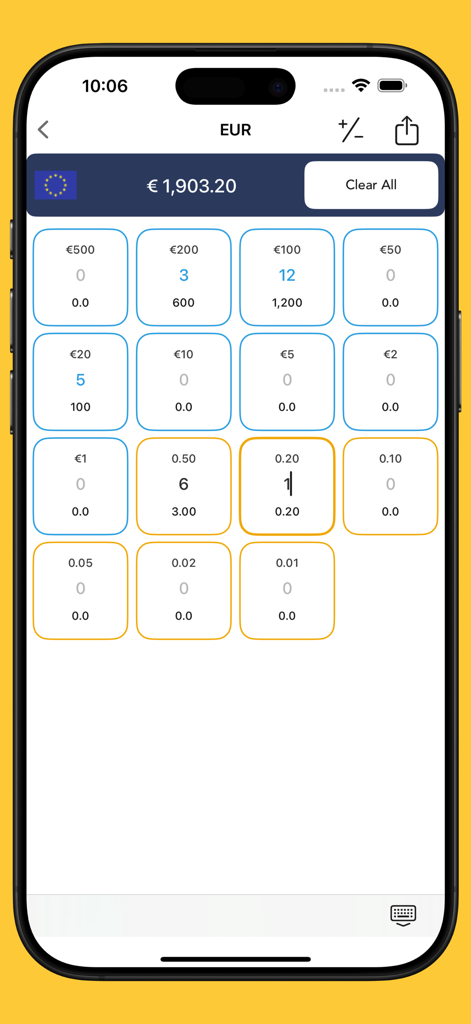 Money Counter app showing a breakdown of euro banknotes and coins with a total sum
