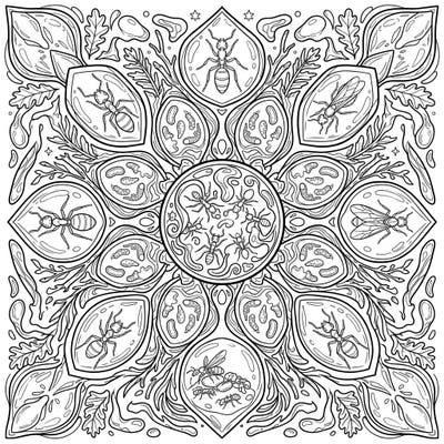 Journey into a prehistoric past with this unique Amber Ants Mandala coloring page, featuring detailed ants and colonies perfectly preserved within hardened resin. This intricate circular design offers a mesmerizing challenge, inviting you to bring ancient insect life to vibrant color.