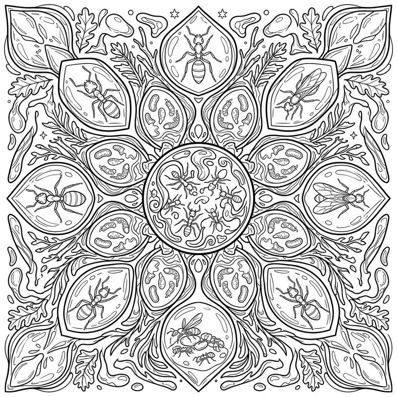 Journey into a prehistoric past with this unique Amber Ants Mandala coloring page, featuring detailed ants and colonies perfectly preserved within hardened resin. This intricate circular design offers a mesmerizing challenge, inviting you to bring ancient insect life to vibrant color.
