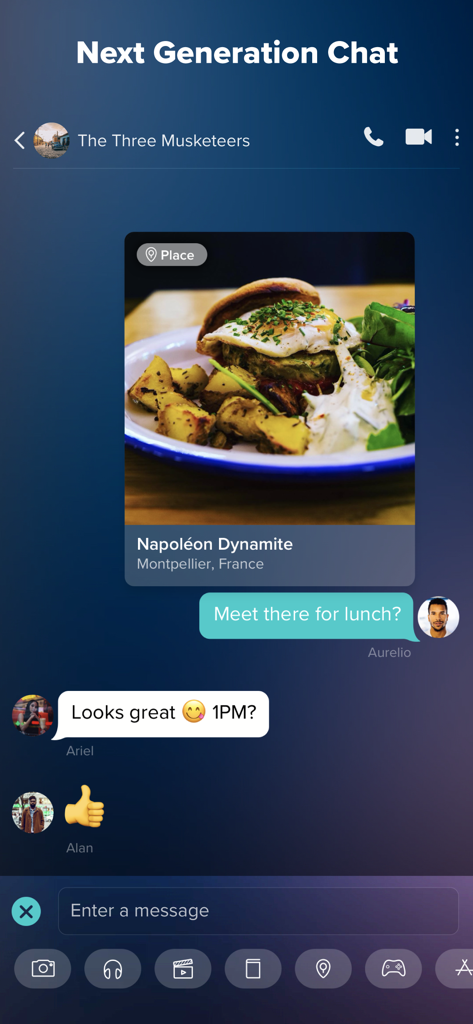 VERO - VERO app group chat screen showing shared restaurant location and messages between friends