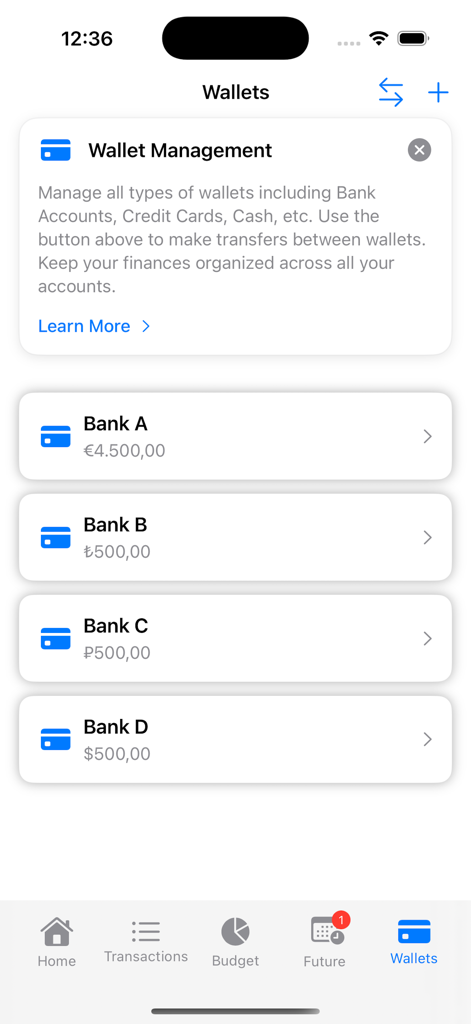 iMoney app Wallets screen displaying multiple bank accounts with different currency balances