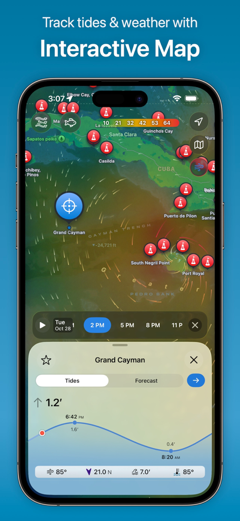 TidesPro: Tide Charts & Tables - Interactive marine map displaying tide charts and weather data on an iPhone