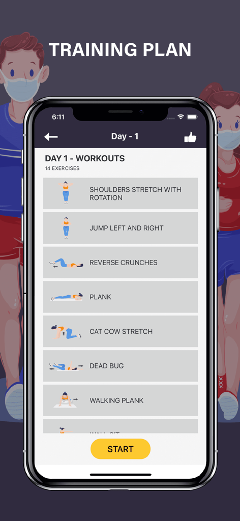 Abs Workout Fit Body Exercises - Interfaz de la aplicación Abs Workout Fit Body que muestra un plan de entrenamiento para el Día 1 con múltiples ejercicios.