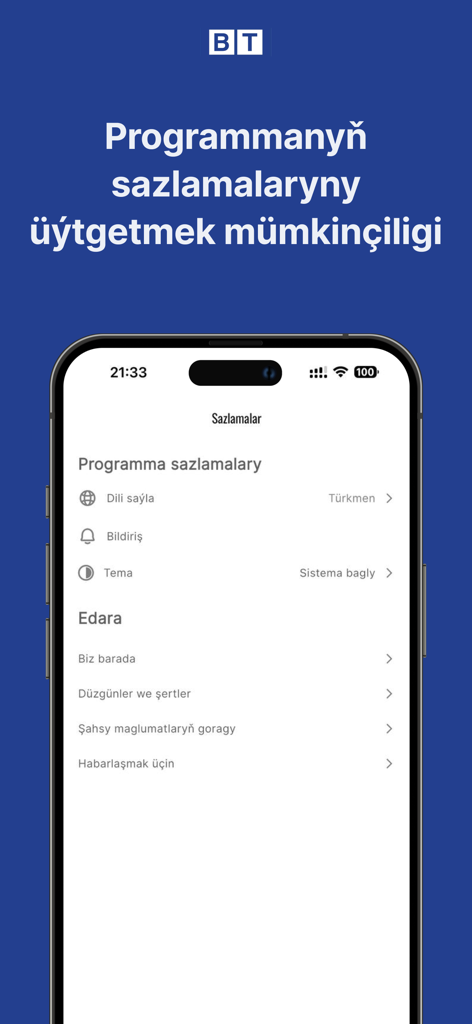 Biznes Türkmenistan - Settings screen of the Biznes Turkmenistan mobile app showing language selection and theme options
