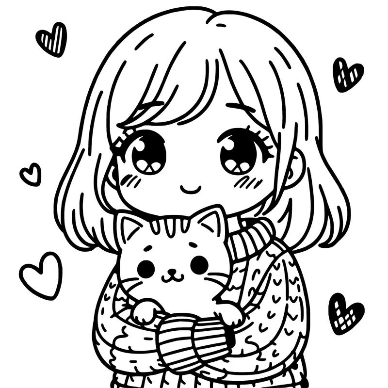 a girl with sweater hugging a cat