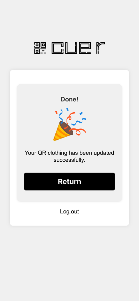 Écran de succès dans l'application Cue R confirmant que le code QR sur les vêtements a été mis à jour.