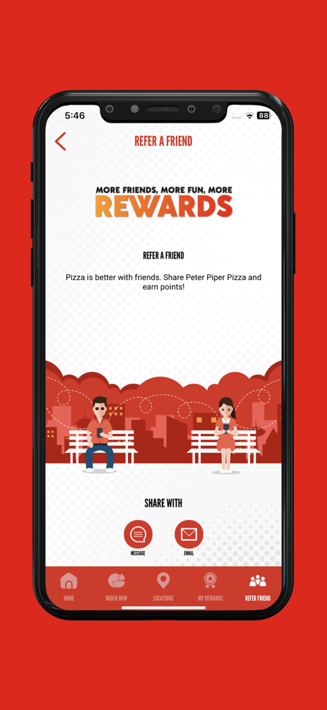 Peter Piper Pizza Rewards - Refer a friend page in the Peter Piper Pizza Rewards app