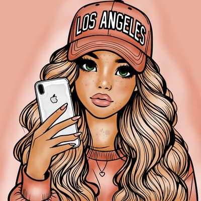 realistic beautiful girl wearing los ángeles cap holding an iphone