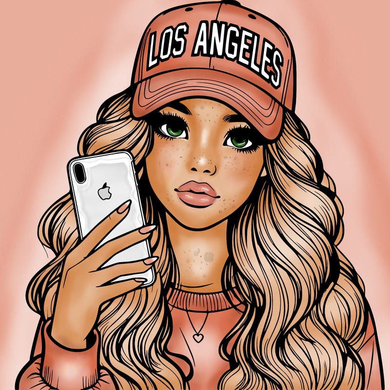 realistic beautiful girl wearing los ángeles cap holding an iphone