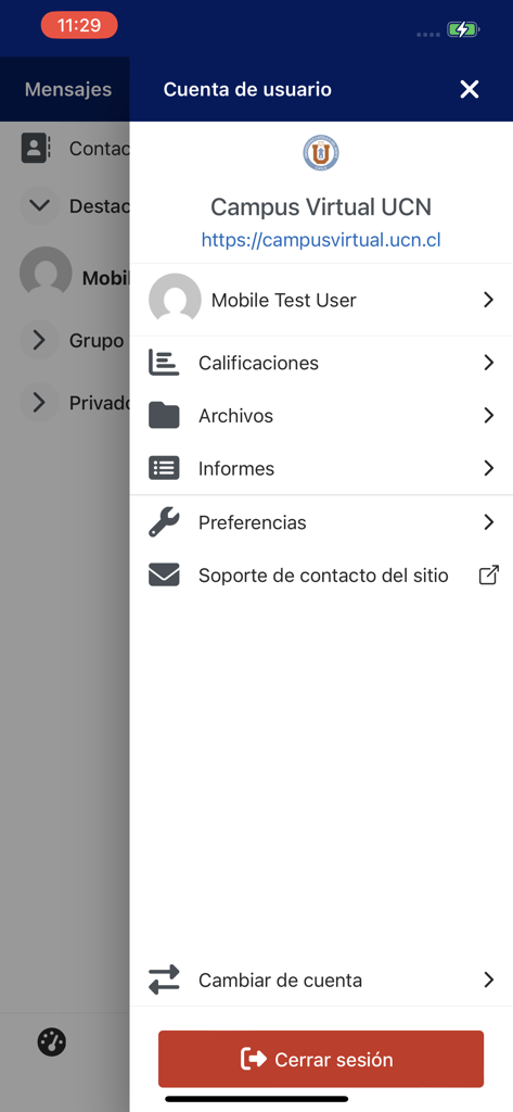 Menú de cuenta de usuario de la aplicación móvil Campus Virtual UCN que muestra opciones para calificaciones, archivos e informes.