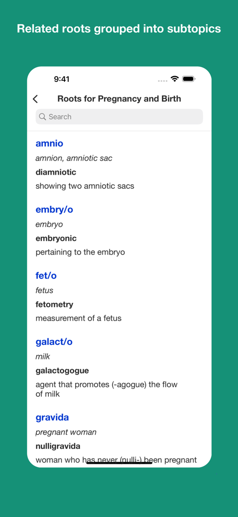Medical terminology app screen showing a list of roots and meanings for pregnancy and birth