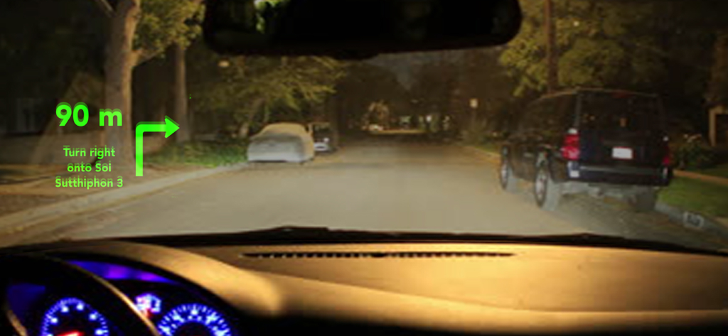 Reflejo de navegación HUD en el parabrisas de un coche por la noche