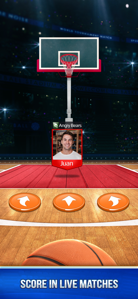Basketball Rivals: Showdown - Basketball Rivals gameplay screen showing a player avatar and shooting options to score in live matches.