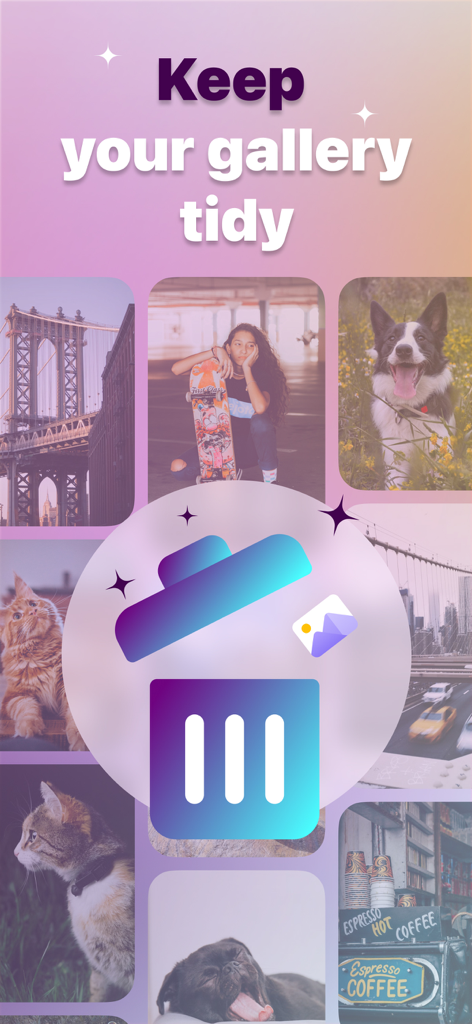 A promotional screen for the Expandify app with a trash icon and the text Keep your gallery tidy over a background of various photos