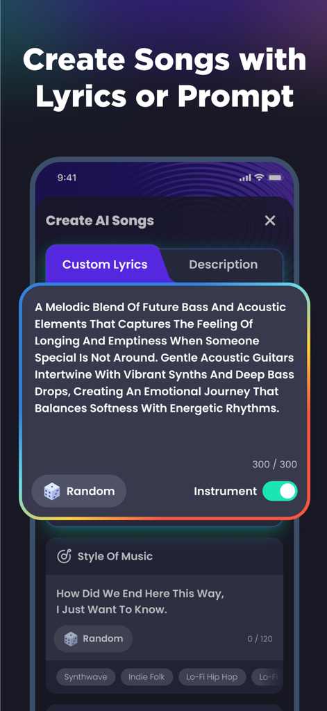 Musica - AI Music Maker - Interface of Musica app showing the creation of AI songs using detailed text prompts and music style tags.