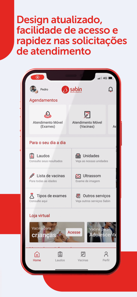 Sabin Diagnóstico e Saúde - Pantalla de inicio de la aplicación de salud Sabin que muestra resultados de exámenes médicos y servicios de vacunación