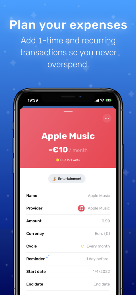 Budg app interface showing details for a monthly Apple Music subscription including payment amount and due date reminders.