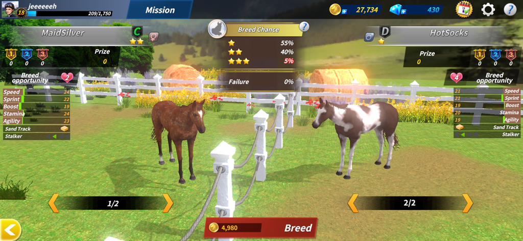 The breeding menu in Derby Life showing two horses with their performance statistics and breeding success probabilities