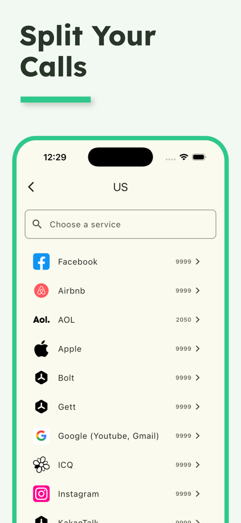 Second number : 2nd phone line - Mobile App-Bildschirm mit einer Liste von Diensten wie Facebook und Google zur Auswahl einer sekundären Telefonnummer
