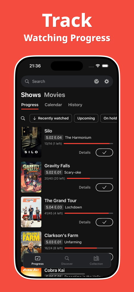 Track Shows & Movies - Showly - Showly app interface displaying TV show watching progress with progress bars and episode tracking in dark mode