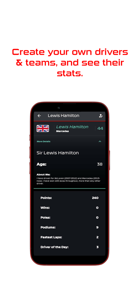 Formula Game Companion - Una pantalla de aplicación móvil que muestra estadísticas personalizadas de pilotos y detalles de perfil en la aplicación Formula Game Companion.