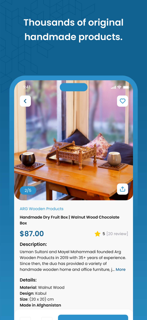 Aseel app product page displaying a handmade walnut wood dry fruit box from Afghanistan