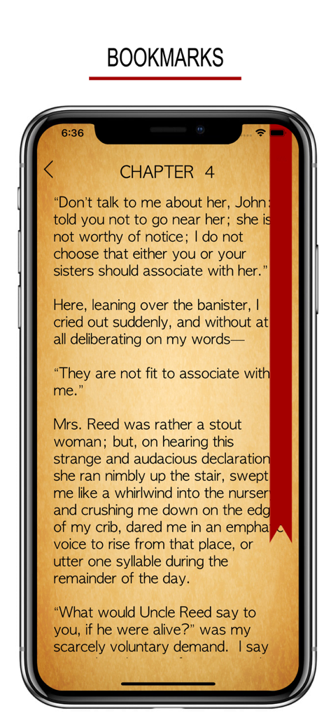 A smartphone displaying a classic book page with a red digital bookmark ribbon on a parchment background.