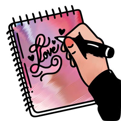 a hand writing “love” in calligraphy on a notebook