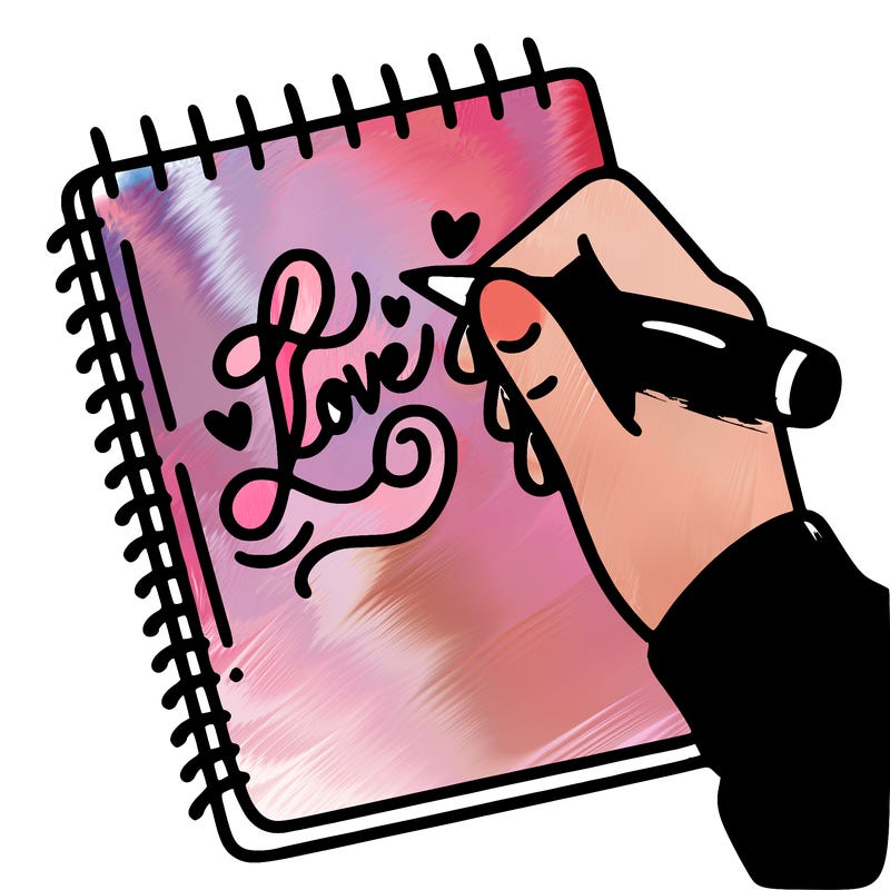a hand writing “love” in calligraphy on a notebook