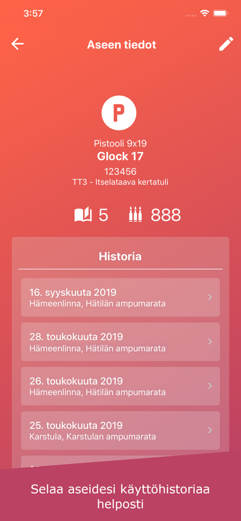 Ampuma - Ampuma mobile app screen displaying the shooting history and round count for a Glock 17 handgun.