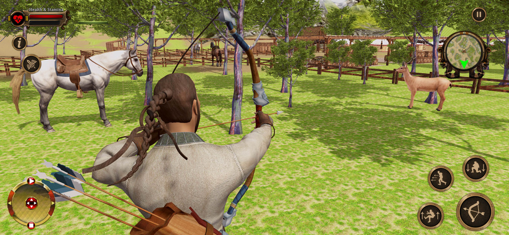 Warrior of Epic Ancient Battle - Un guerrero histórico apuntando un arco y una flecha en un campo abierto cerca de un caballo