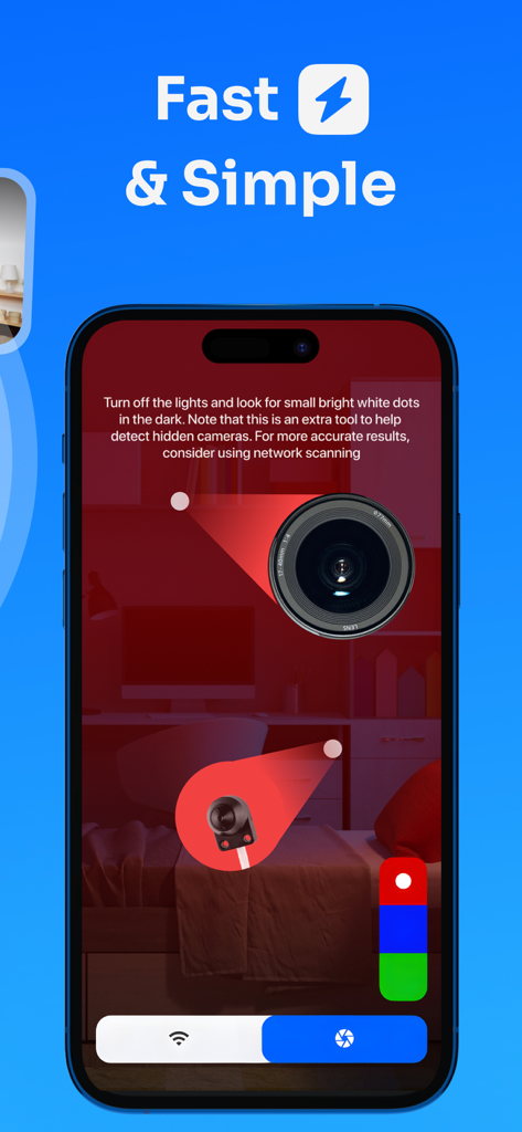 Hidden Camera Detector - CamX - CamX app interface showing hidden camera lens detection tool for travelers
