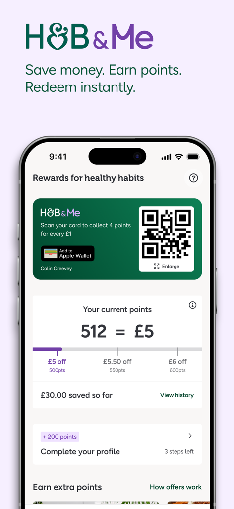 Die Holland and Barrett mobile App zeigt Treuepunkte-Prämien und eine digitale Karte an.