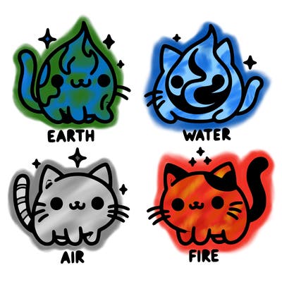 4 cats that represent the different elements, earth, water, air, and fire