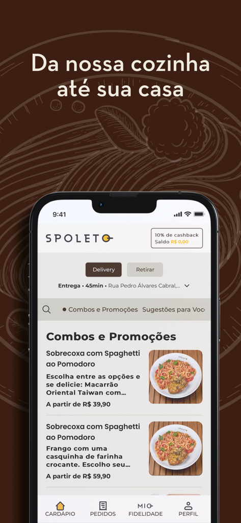 Interfaz de la app Spoleto que muestra opciones de entrega y recogida con un menú de combos de pasta y promociones.