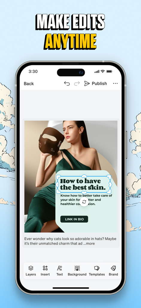 Blaze AI - Écran d'iPhone montrant l'éditeur de contenu de l'application mobile Blaze AI avec une publication sociale personnalisable sur les soins de la peau