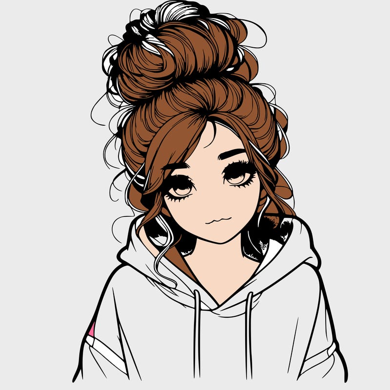 realistic girl with a massy bun and a hoodie