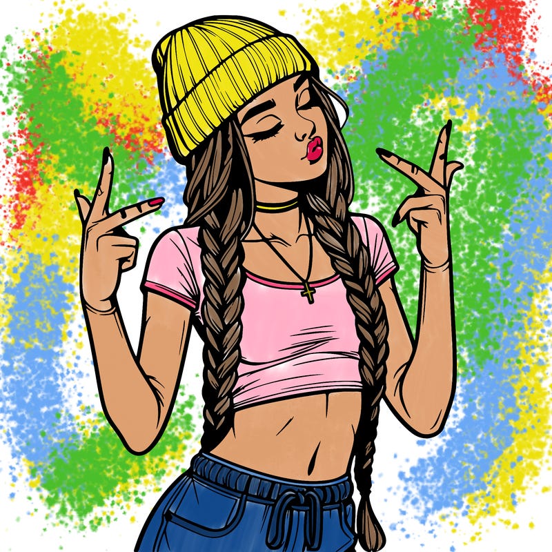 realistic teenage girl with braids and a beanie and crop top doing 🫶🏼