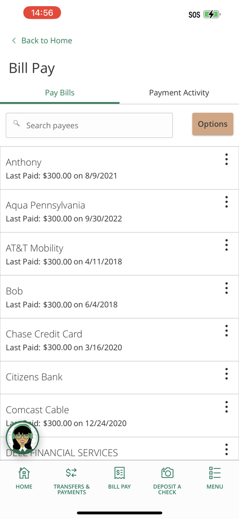 Rechnungszahlungsbildschirm der FMFCU Mobile App mit einer Liste von Zahlungsempfängern und der Zahlungshistorie.