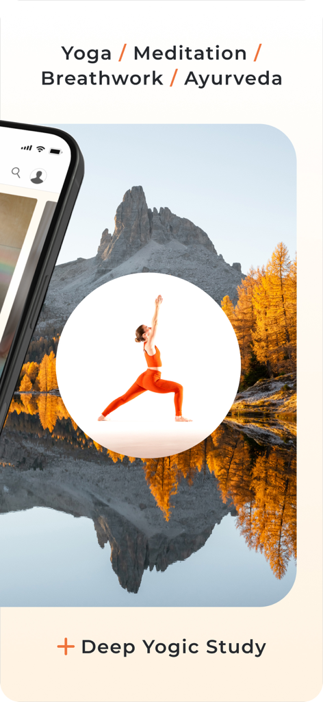 Yoga International - Yoga International app screen featuring yoga meditation breathwork and ayurveda with a woman in a yoga pose against a mountain lake backdrop