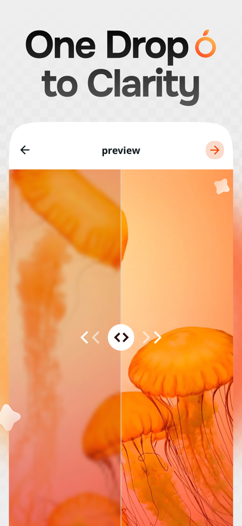 Citrus: AI 1 Tap Perfect Photo - Comparación de antes y después mostrando una foto borrosa de una medusa, afilada con el potenciador de fotos Citrus AI