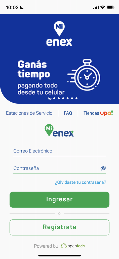 Mi Enex - Mi Enex app login screen featuring email and password fields with a promotional banner for mobile payments
