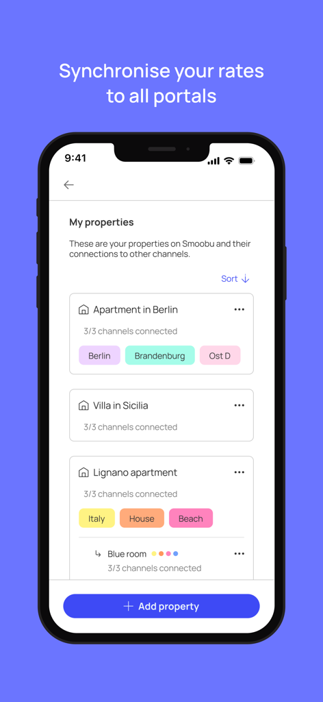 Smoobu app interface showing a list of vacation rental properties and channel connection status