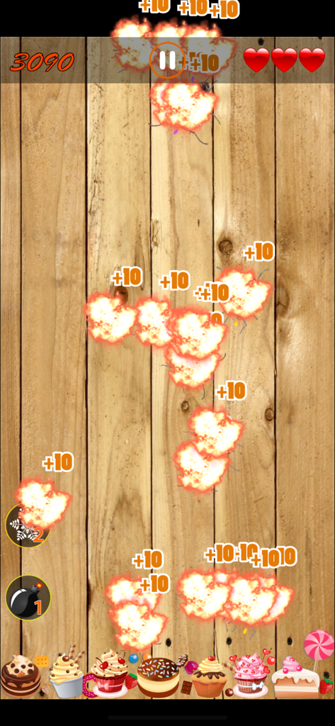 Ant Smasher - Kill Them All - Ant Smasher gameplay screen with multiple explosions and points on a wooden floor