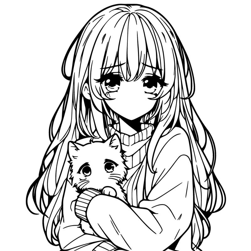 sad anime girl with cat