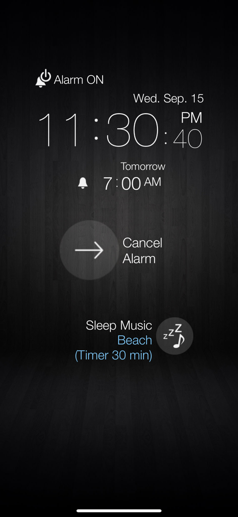 One Touch Alarm Clock app interface showing a 7 AM alarm and active sleep music timer on a dark background