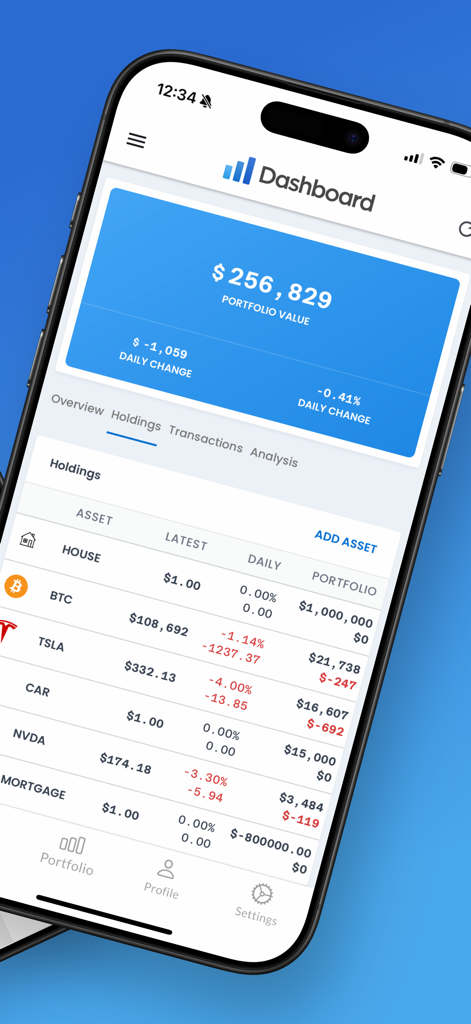 Dashboard - Portfolio Tracker - A mobile interface of the Dashboard app showing a portfolio overview and a detailed list of investment holdings.