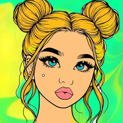 realistic girl with two buns on her hair and lips